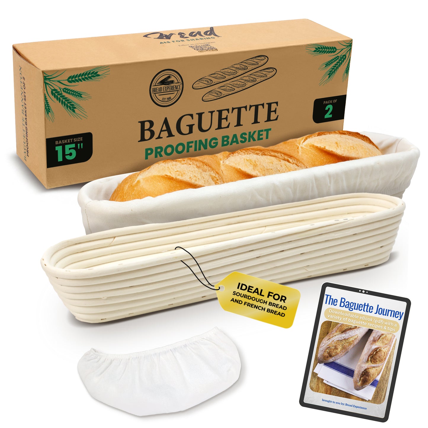 Baguette Proofing Basket- Handcrafted 15 Inch Banneton for Sourdough & French Bread- Set of 2- Natural Rattan Bread Rising Bowls with Liner- Includes Recipe eBook