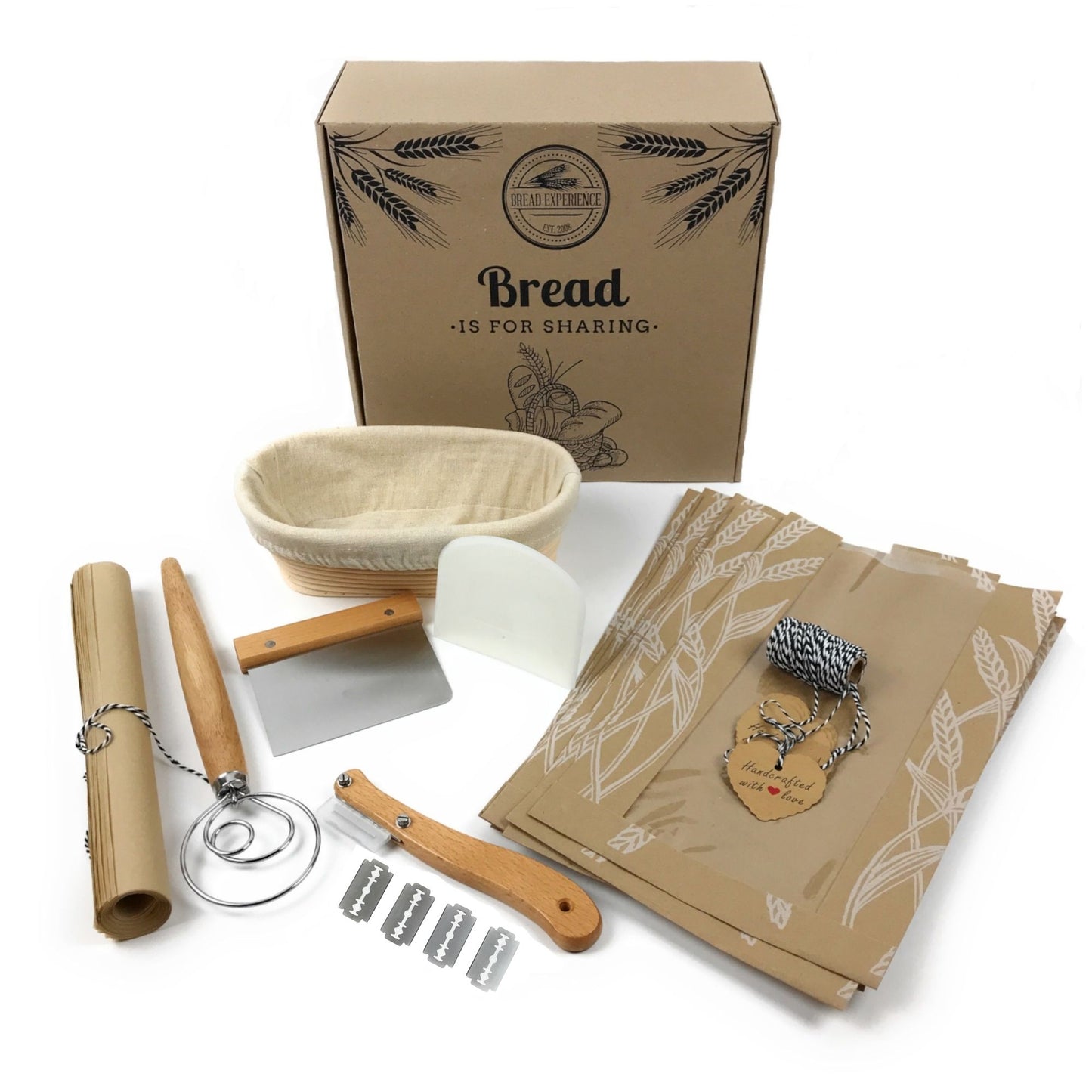 Home Artisan Bread Making Kit Oval- 9 Inch Oval Banneton Bread Proofing Basket Cloth Liner, Bread Lame, Dough Scrapers, Bread Whisk Bread Bags Kraft Tags, Bakers Twine Gift Box Recipe eBook