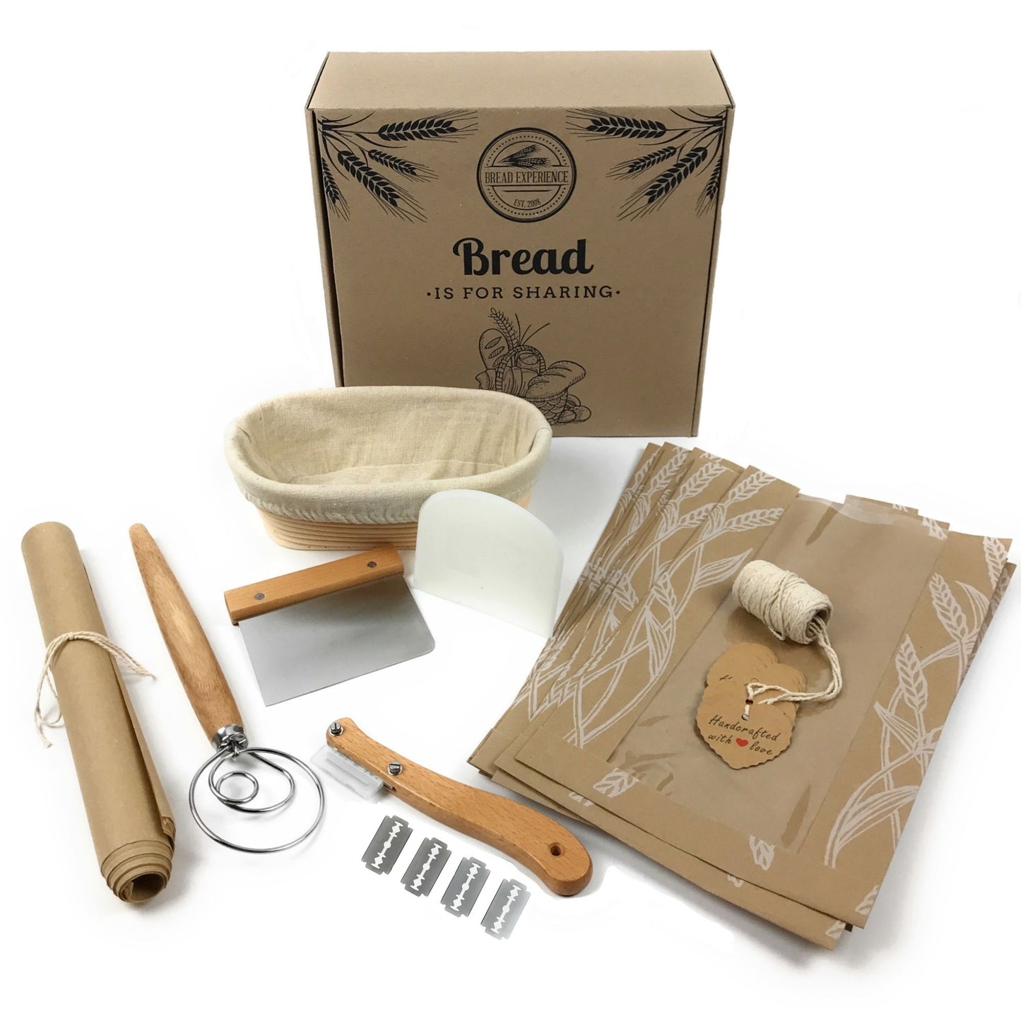 Home Artisan Bread Making Kit Oval- 9 Inch Oval Banneton Bread Proofing Basket Cloth Liner, Bread Lame, Dough Scrapers, Bread Whisk Bread Bags Kraft Tags, Bakers Twine Gift Box Recipe eBook