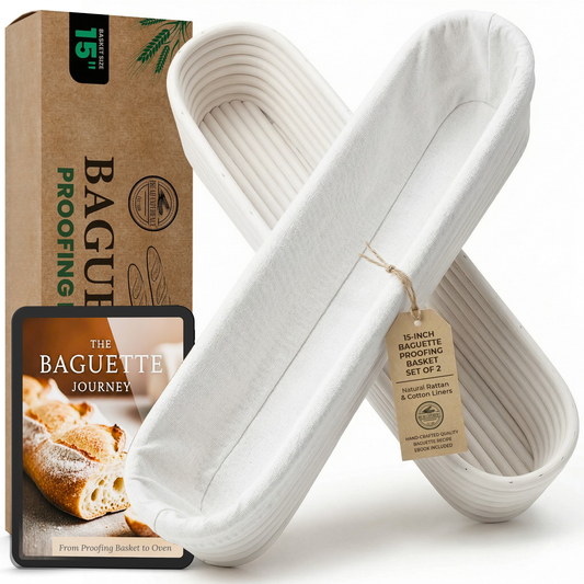 Baguette Proofing Basket- Handcrafted 15 Inch Banneton for Sourdough & French Bread- Set of 2- Natural Rattan Bread Rising Bowls with Liner- Includes Recipe eBook