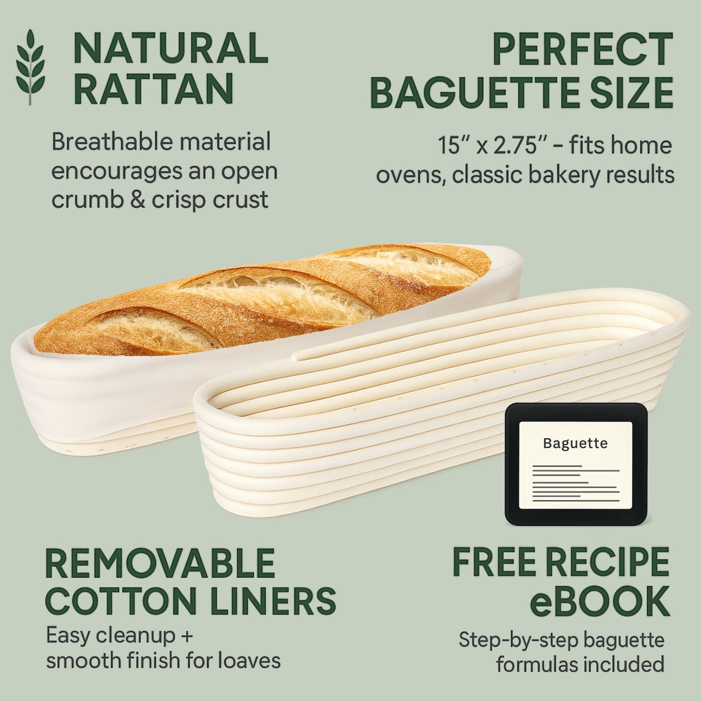 Baguette Proofing Basket- Handcrafted 15 Inch Banneton for Sourdough & French Bread- Set of 2- Natural Rattan Bread Rising Bowls with Liner- Includes Recipe eBook