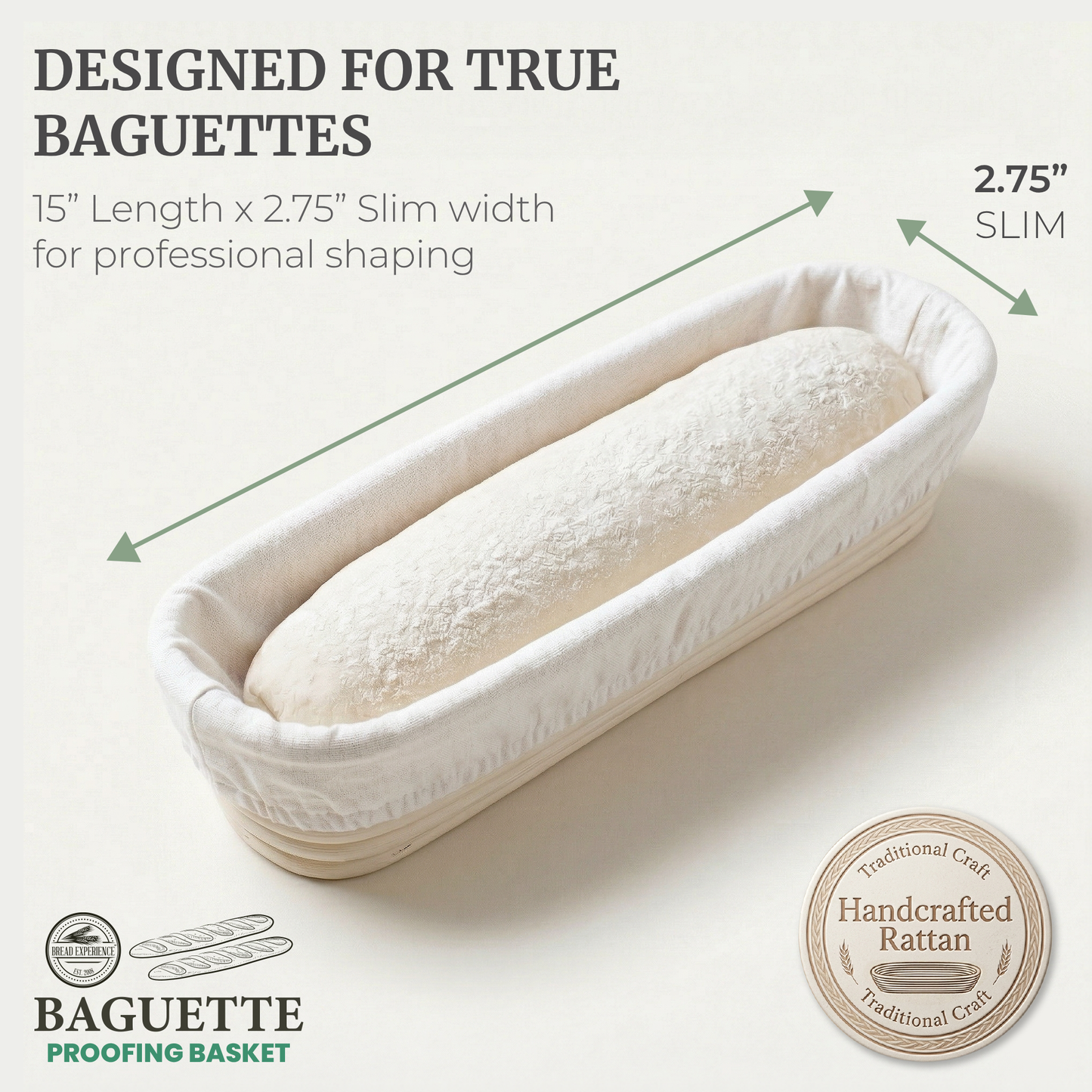 Baguette Proofing Basket- Handcrafted 15 Inch Banneton for Sourdough & French Bread- Set of 2- Natural Rattan Bread Rising Bowls with Liner- Includes Recipe eBook