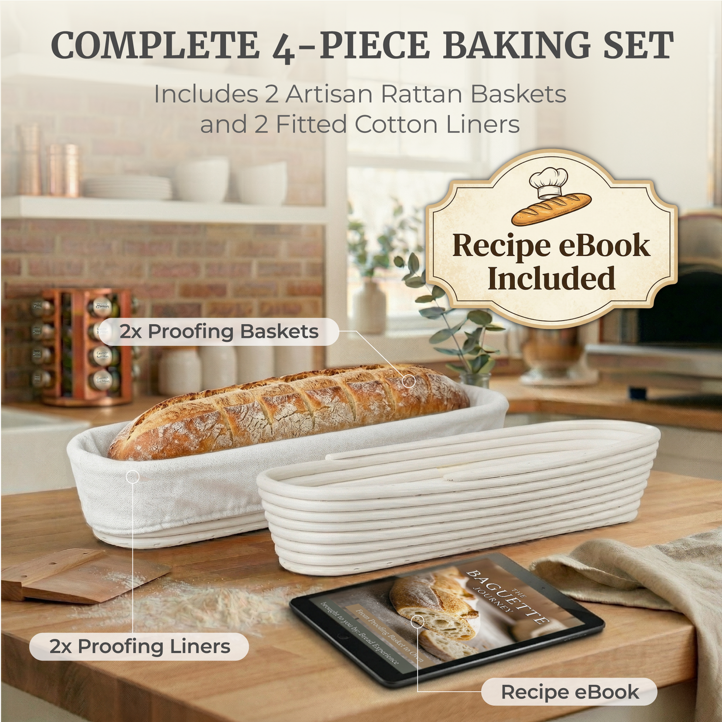 Complete 4-piece baking set on a kitchen counter: two artisan rattan proofing baskets, two fitted cotton liners, and an included recipe eBook, shown with a baked loaf.