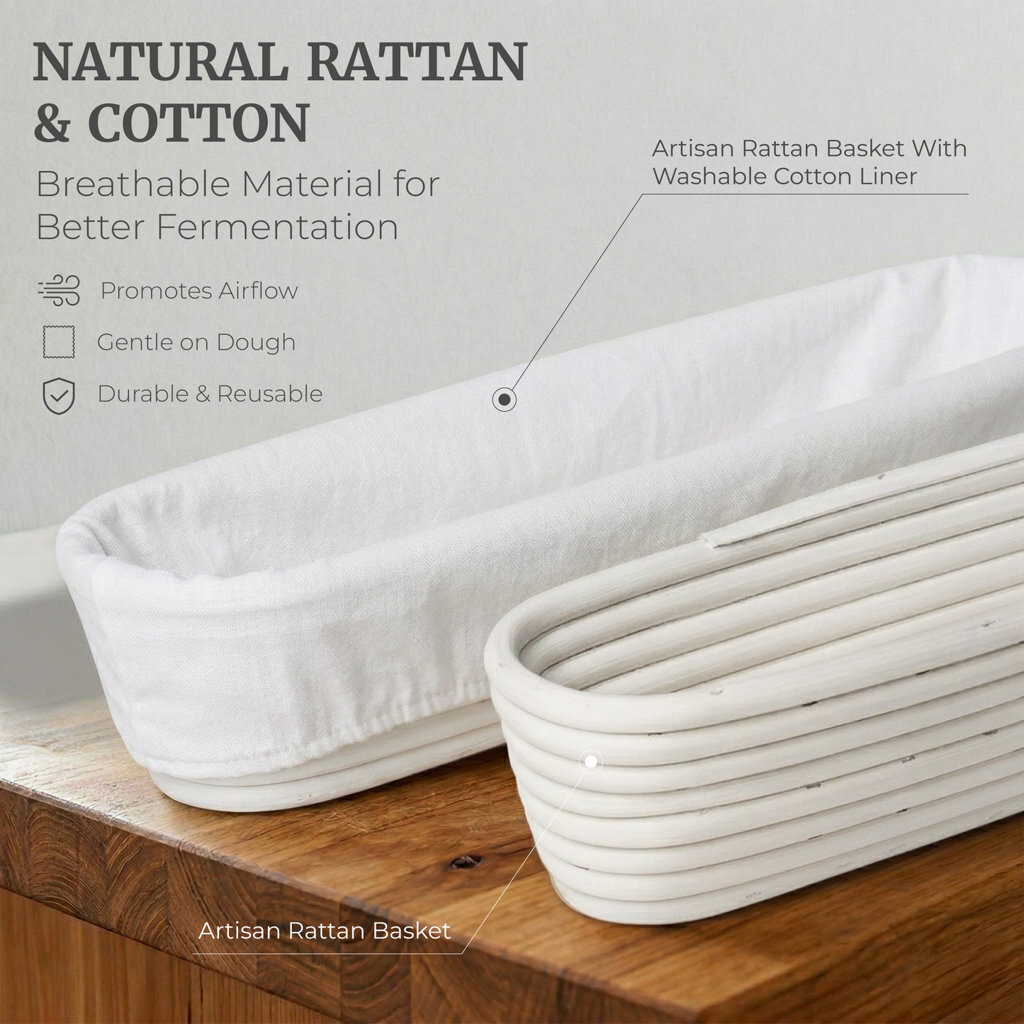 Two baguette proofing baskets on a wooden surface, one with a washable cotton liner and one showing the natural rattan coil, labeled with the benefits: promotes airflow, gentle on dough, and durable and reusable.