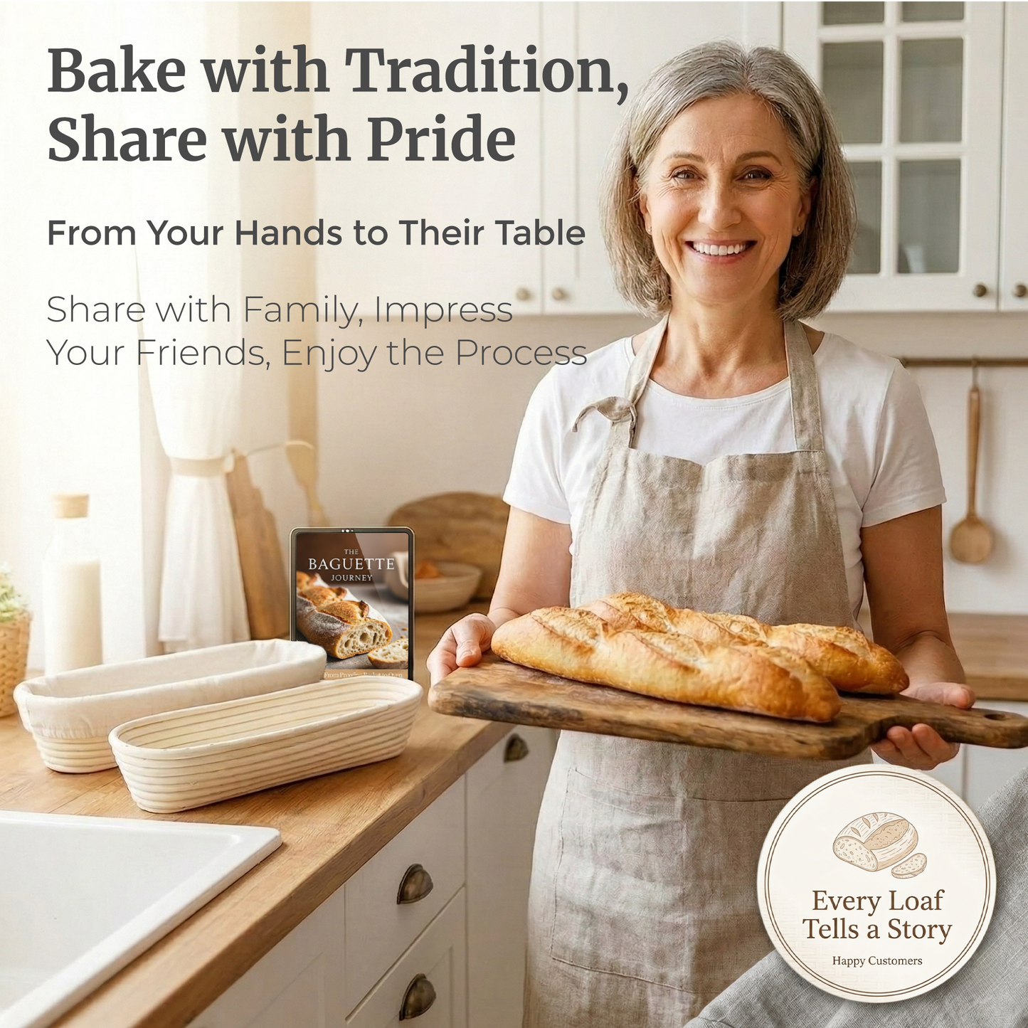 Smiling woman in a kitchen holding a wooden board of fresh-baked baguettes, with proofing baskets and the recipe eBook on the counter, under the headline "Bake with Tradition, Share with Pride."