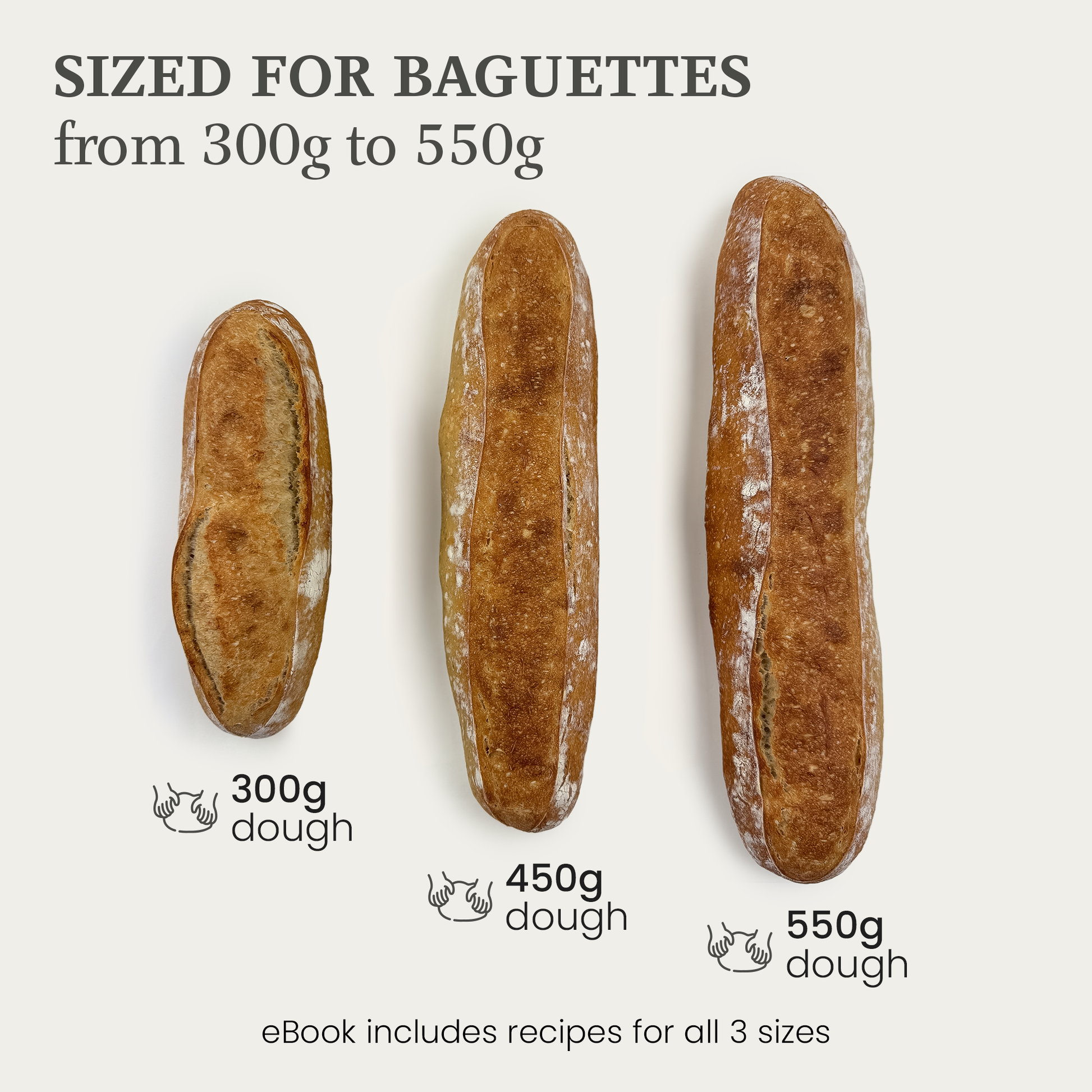 Three baked baguettes shown side by side from smallest to largest, labeled 300g, 450g, and 550g dough, under the heading "Sized for Baguettes from 300g to 550g," with a note that the eBook includes recipes for all three sizes.