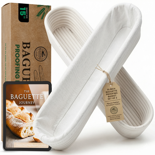 Baguette Proofing Basket- Handcrafted 15 Inch Banneton for Sourdough & French Bread- Set of 2- Natural Rattan Bread Rising Bowls with Liner- Includes Recipe eBook